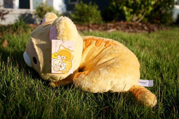Rilakkuma Lifestyle - Rilakkuma plush - Tiger series - sleepy laydown - cat series - stuffed animal - cute - kawaii - のんびりネコ - リラックマ ぬいぐるみ - side view tag art